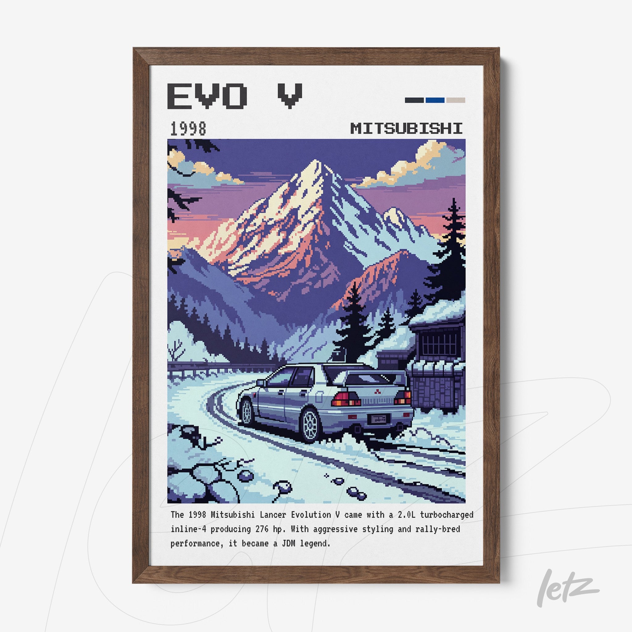 pixel art framed print of Mitsubishi Lancer Evolution V on a snowy road with mountains in the background, dark wooden frame