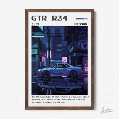 framed artwork of a Nissan GTR R34 in pixel art style, with a light brown frame and neon urban background