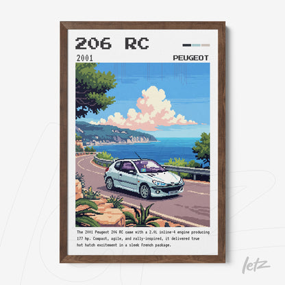 pixel art print of a peugeot 206 rc on a coastal road with a scenic background
