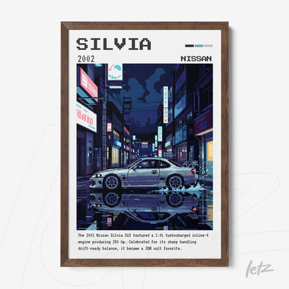 digital art print of Nissan Silvia S15 in an urban night scene with dark wooden frame
