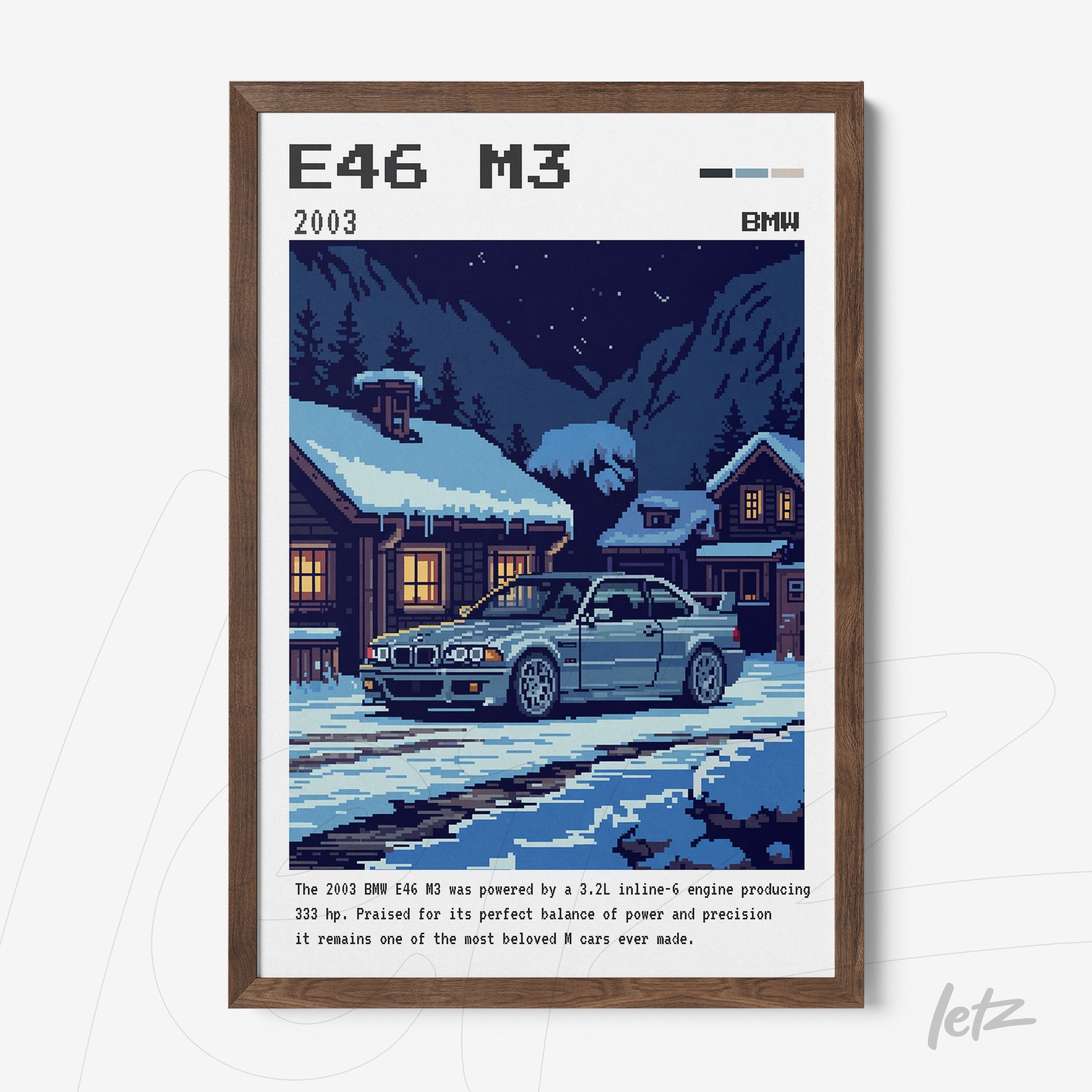 pixel art framed illustration of a BMW E46 M3 in a snowy winter landscape with dark wooden frame