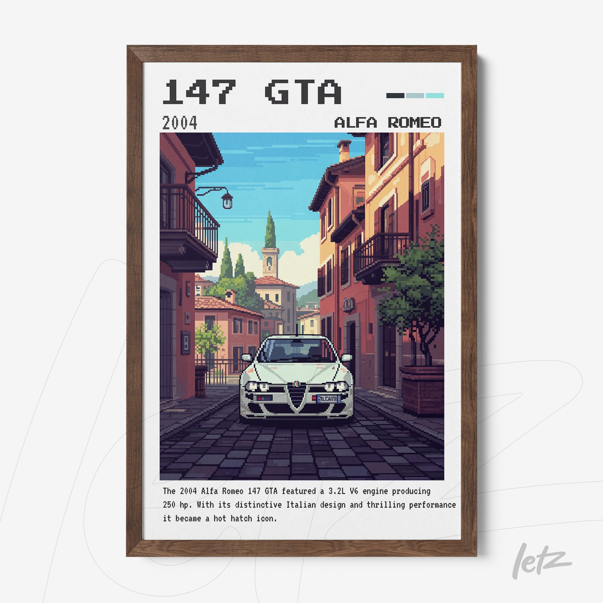 retro style wall art of an Alfa Romeo 147 GTA in a nostalgic urban setting with dark wooden frame