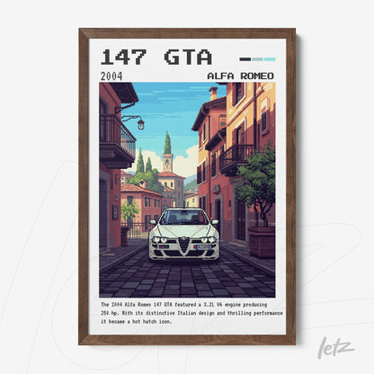 retro style wall art of an Alfa Romeo 147 GTA in a nostalgic urban setting with dark wooden frame