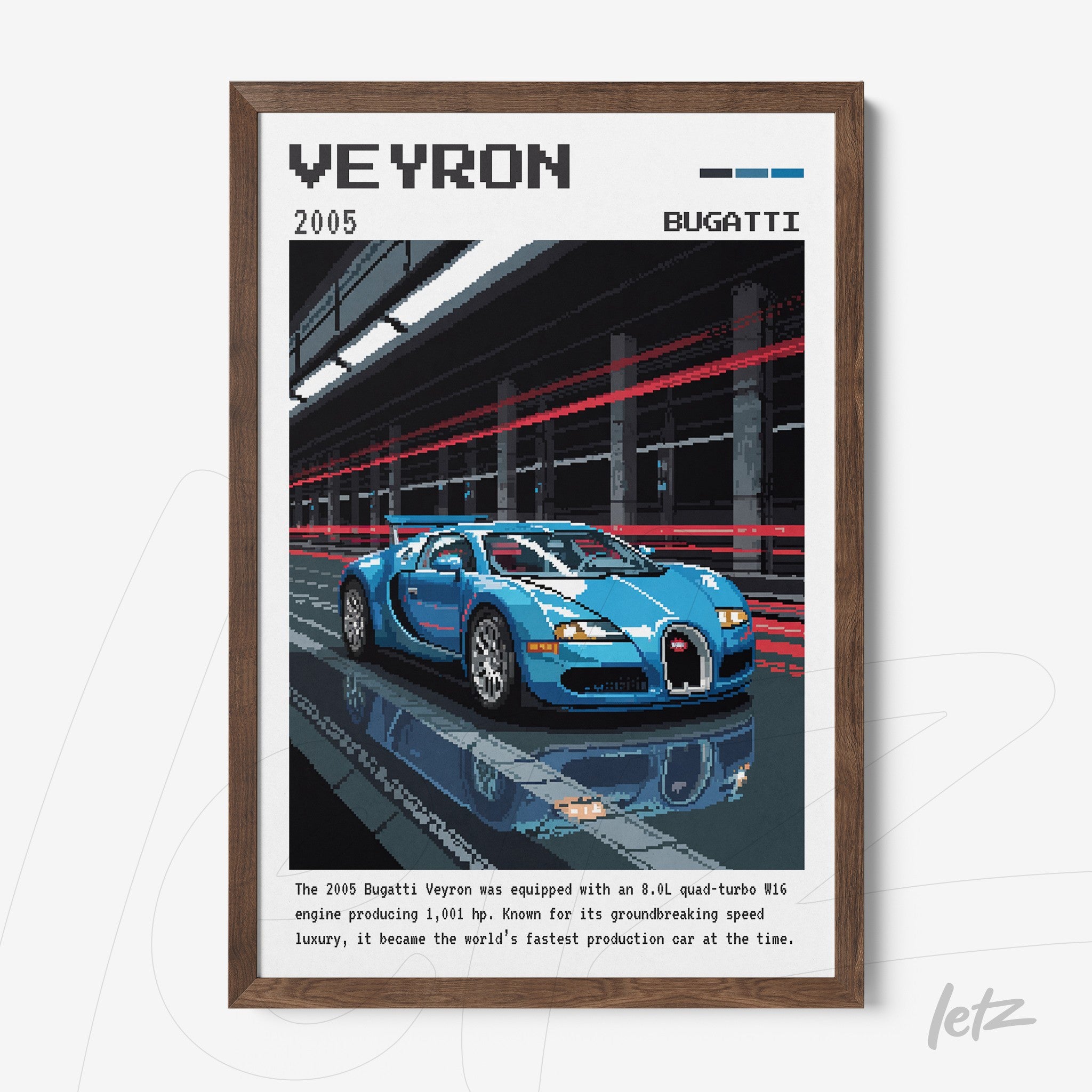 framed pixel art of a blue Bugatti Veyron on a modern backdrop with motion blur details