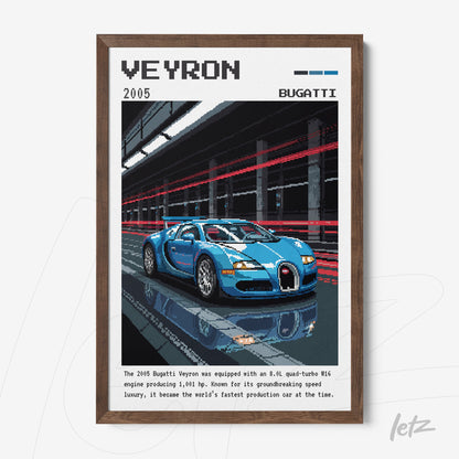 framed pixel art of a blue Bugatti Veyron on a modern backdrop with motion blur details