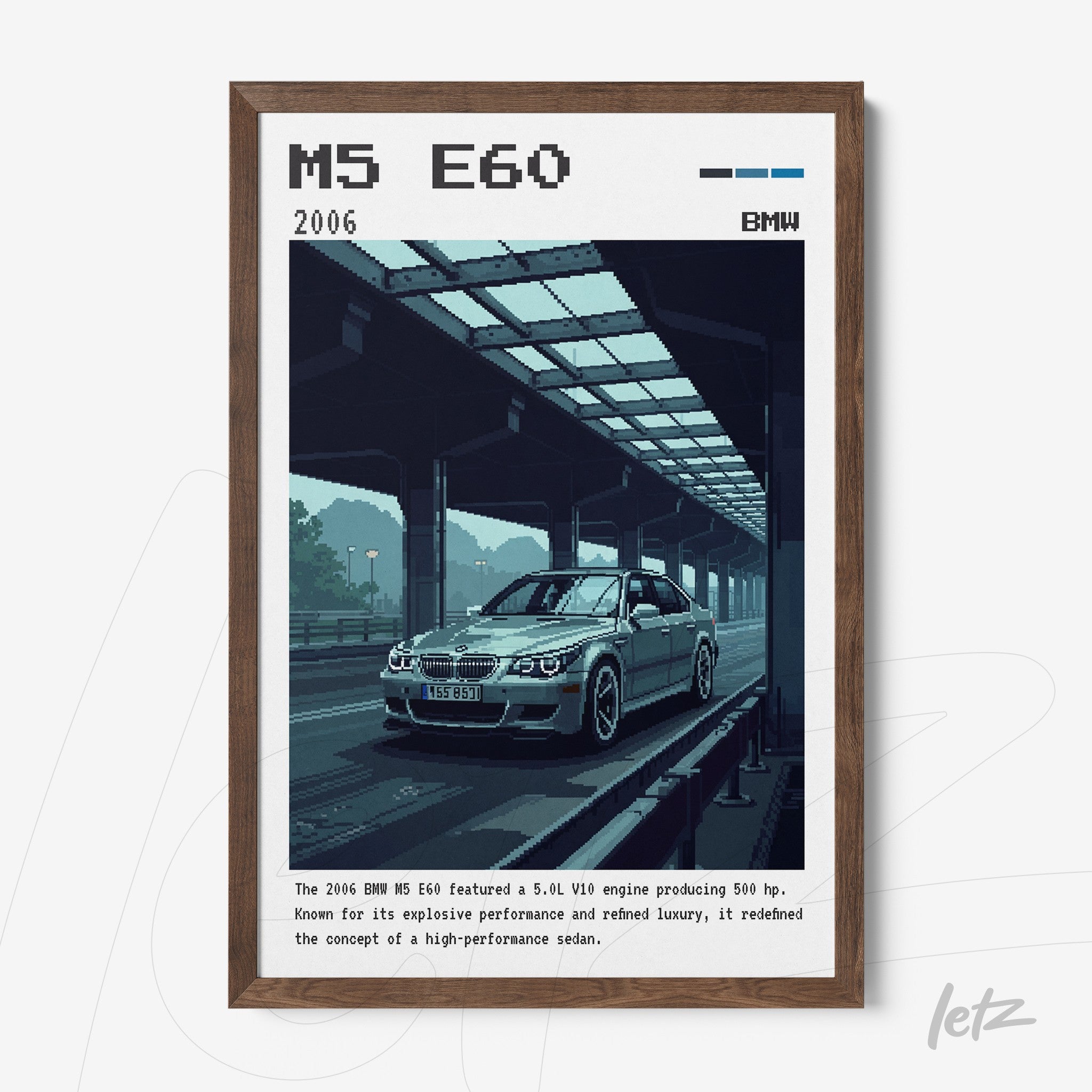 framed digital art of a BMW M5 E60 car with dark wood frame
