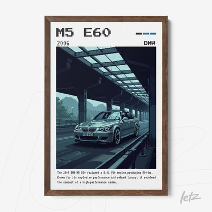 framed digital art of a BMW M5 E60 car with dark wood frame