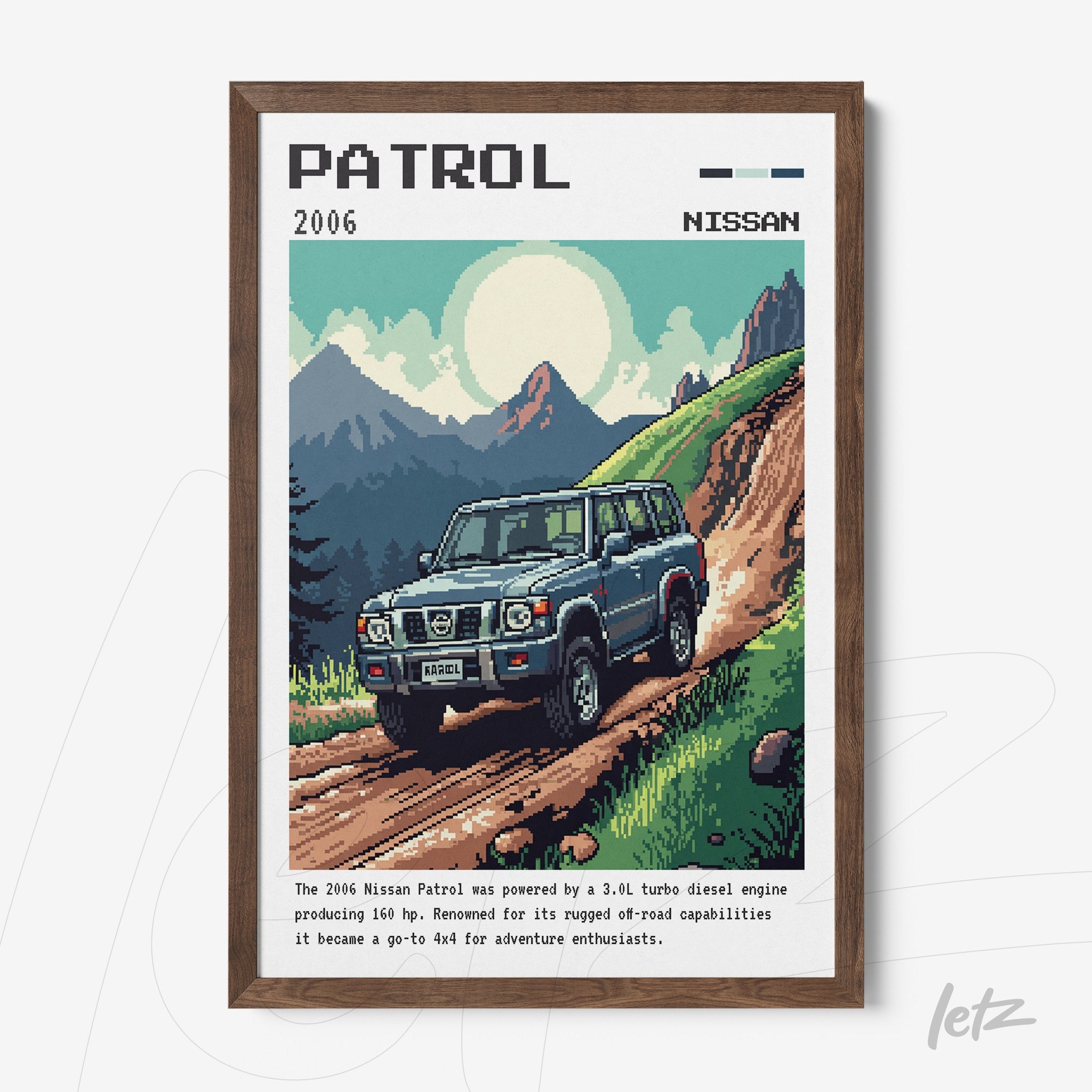pixel art framed print of a 2006 Nissan Patrol driving on a mountain trail with dark wooden frame