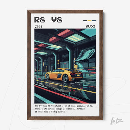 framed digital illustration of Audi R8 V8 sports car with dark wood frame
