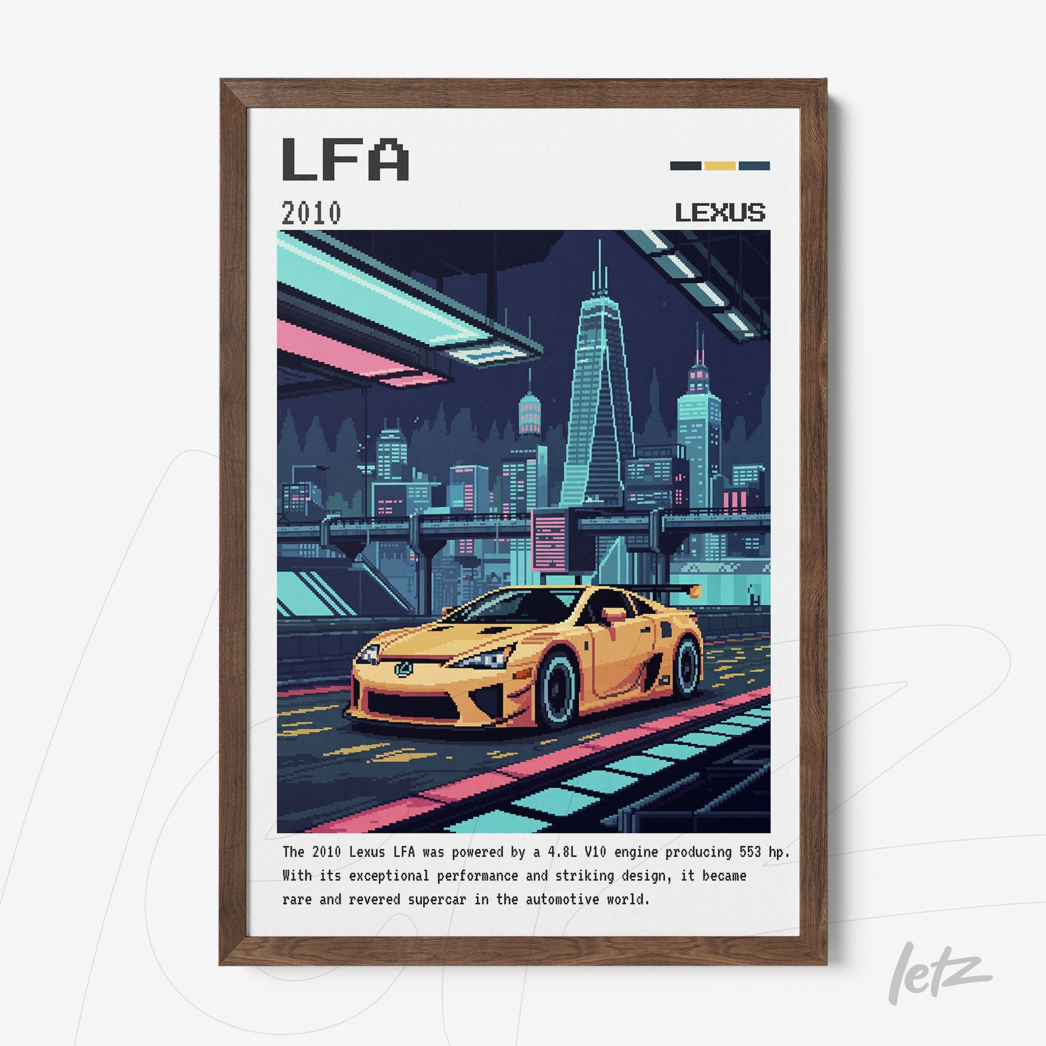 framed digital artwork of a Lexus LFA sports car in a retro cityscape