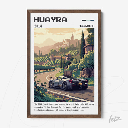 pixel art of the Pagani Huayra car in a vineyard landscape with a dark wood frame