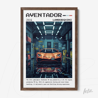 digitally rendered artwork of the 2016 Lamborghini Aventador in a dark wooden frame with a garage background
