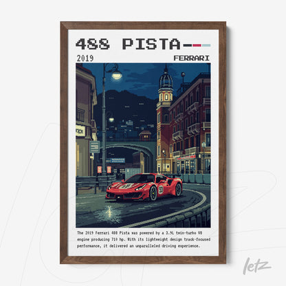 framed digital art of a ferrari 488 pista in a nighttime urban setting with rich city lighting and a dark wood frame