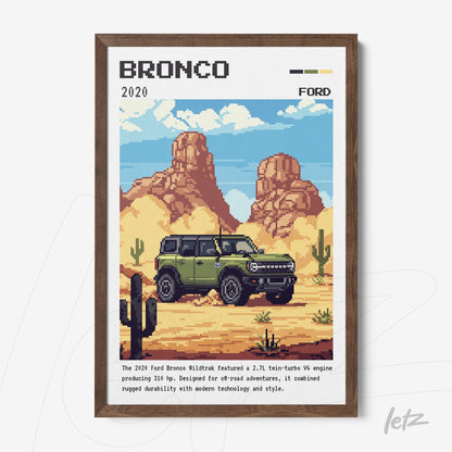pixel art framed print of a 2020 Ford Bronco in a desert landscape with mountains and cacti