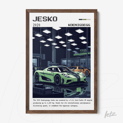pixel art print of a koenigsegg jesko car displayed in a modern dark setting with brown wooden frame