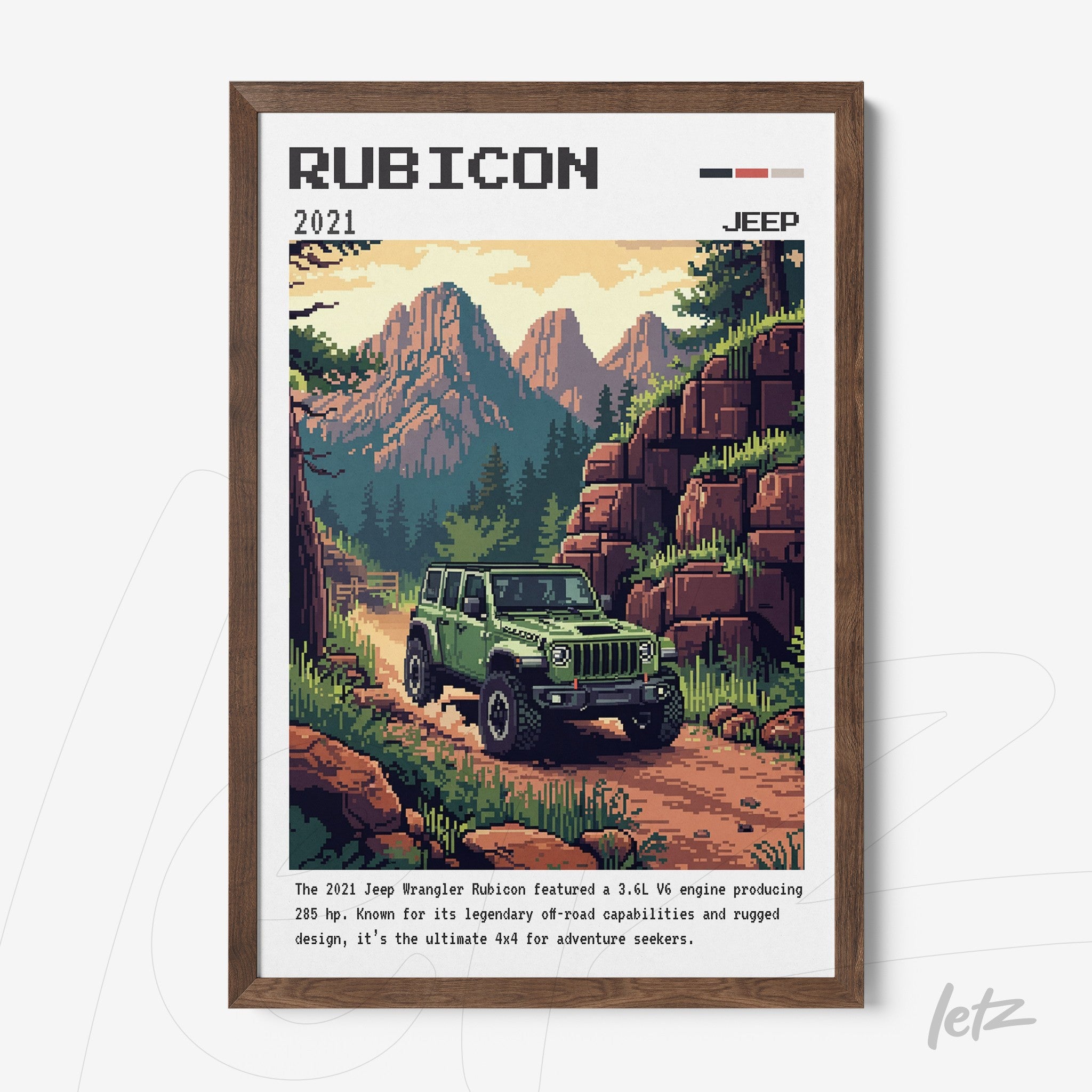 retro style framed art of a 2021 Jeep Rubicon on a mountain road surrounded by peaks and trees with a dark wood frame