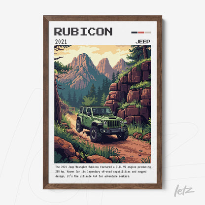 retro style framed art of a 2021 Jeep Rubicon on a mountain road surrounded by peaks and trees with a dark wood frame