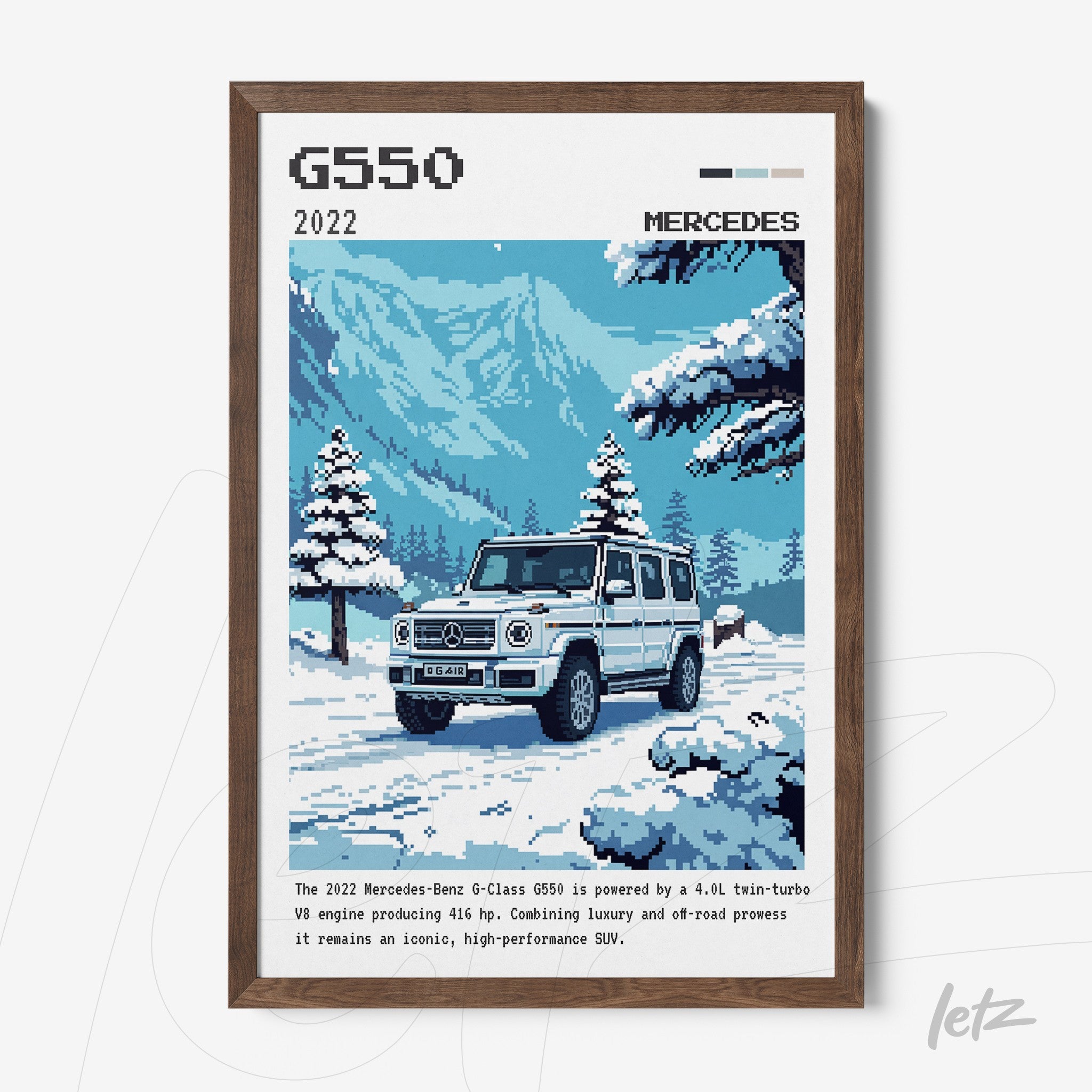 framed digital artwork of the 2022 Mercedes-Benz G550 SUV in a snowy mountain landscape with dark wood frame