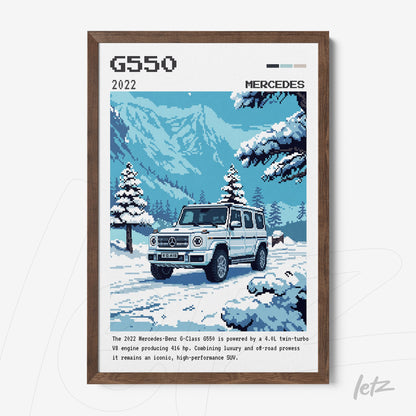 framed digital artwork of the 2022 Mercedes-Benz G550 SUV in a snowy mountain landscape with dark wood frame