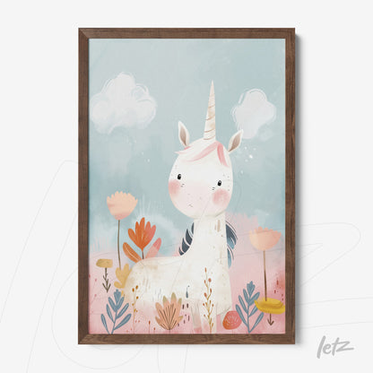 framed wall art of a cute unicorn in soft colors with plants and flowers