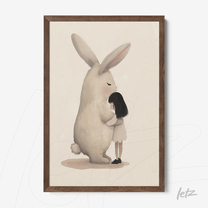 framed artwork of a girl hugging a giant rabbit with a dark wood frame