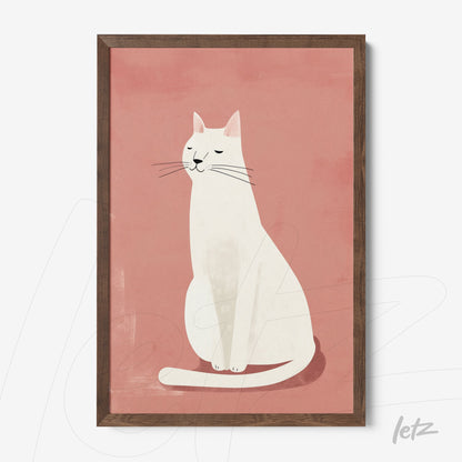 framed artwork featuring a minimalist illustration of a white cat on a pink background with dark wood frame