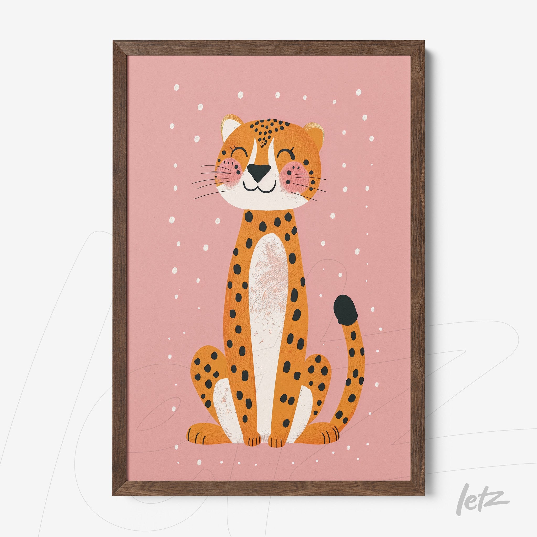 framed artwork of a smiling leopard on a pink background with white dots and dark wood frame