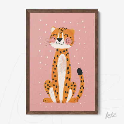 framed artwork of a smiling leopard on a pink background with white dots and dark wood frame