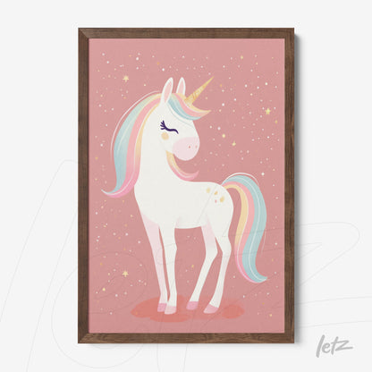 framed wall art of a unicorn on pink background with dark wooden frame