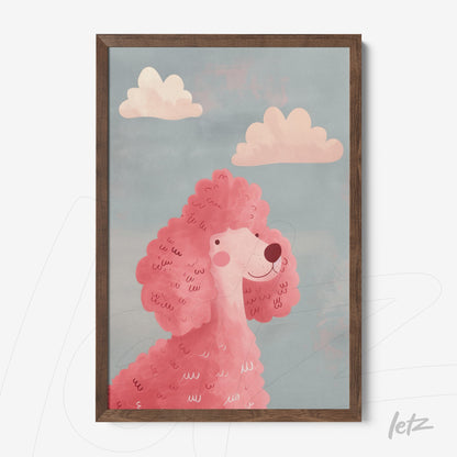 framed art featuring a pink poodle illustration against a light blue background with soft clouds
