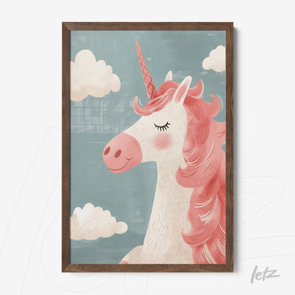 framed wall art featuring a pink unicorn illustration against a blue background with a dark wooden frame