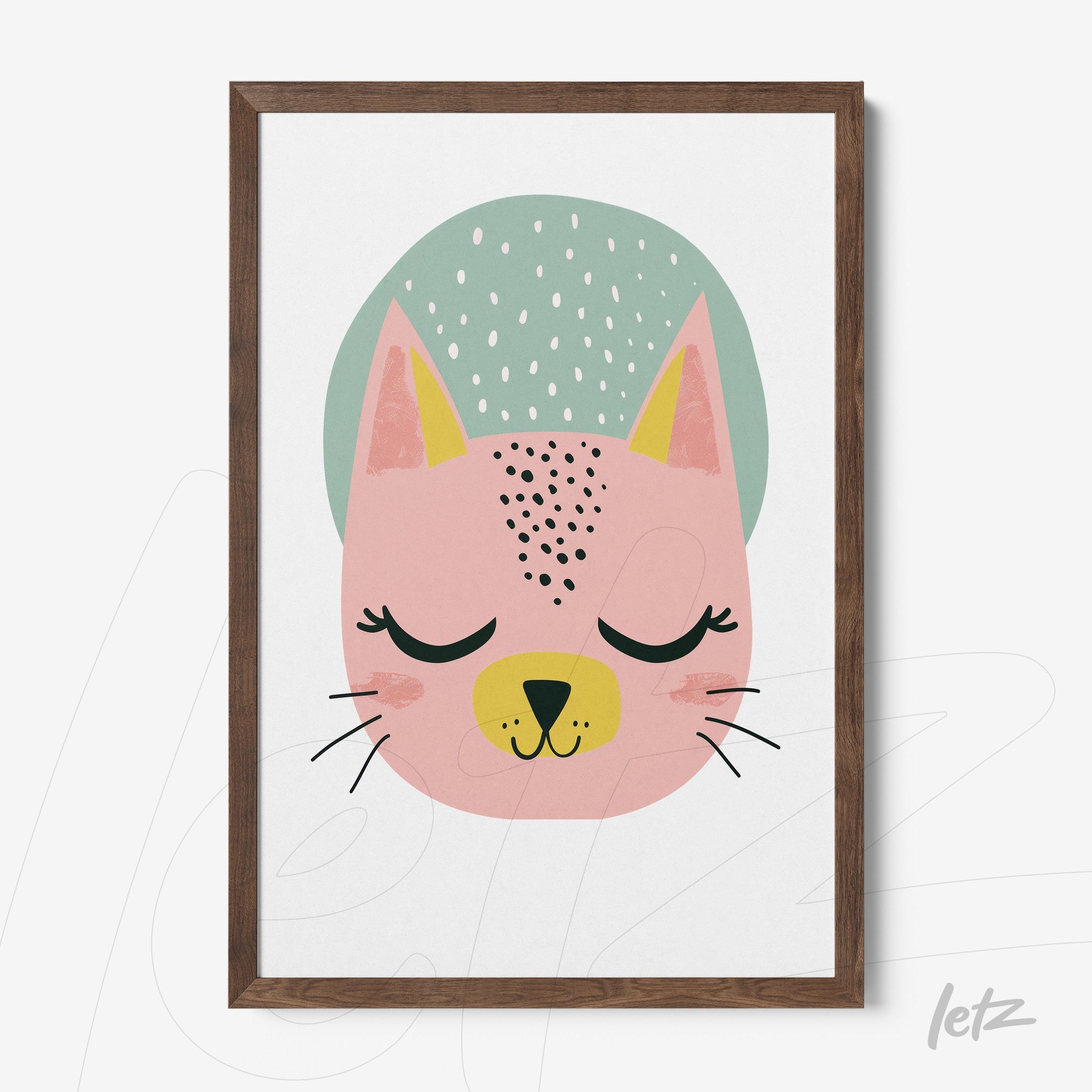 framed artwork featuring a colorful illustration of a pink cat with closed eyes and a light blue background with a dark wood frame