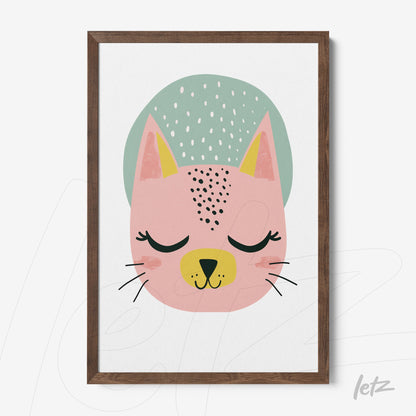 framed artwork featuring a colorful illustration of a pink cat with closed eyes and a light blue background with a dark wood frame