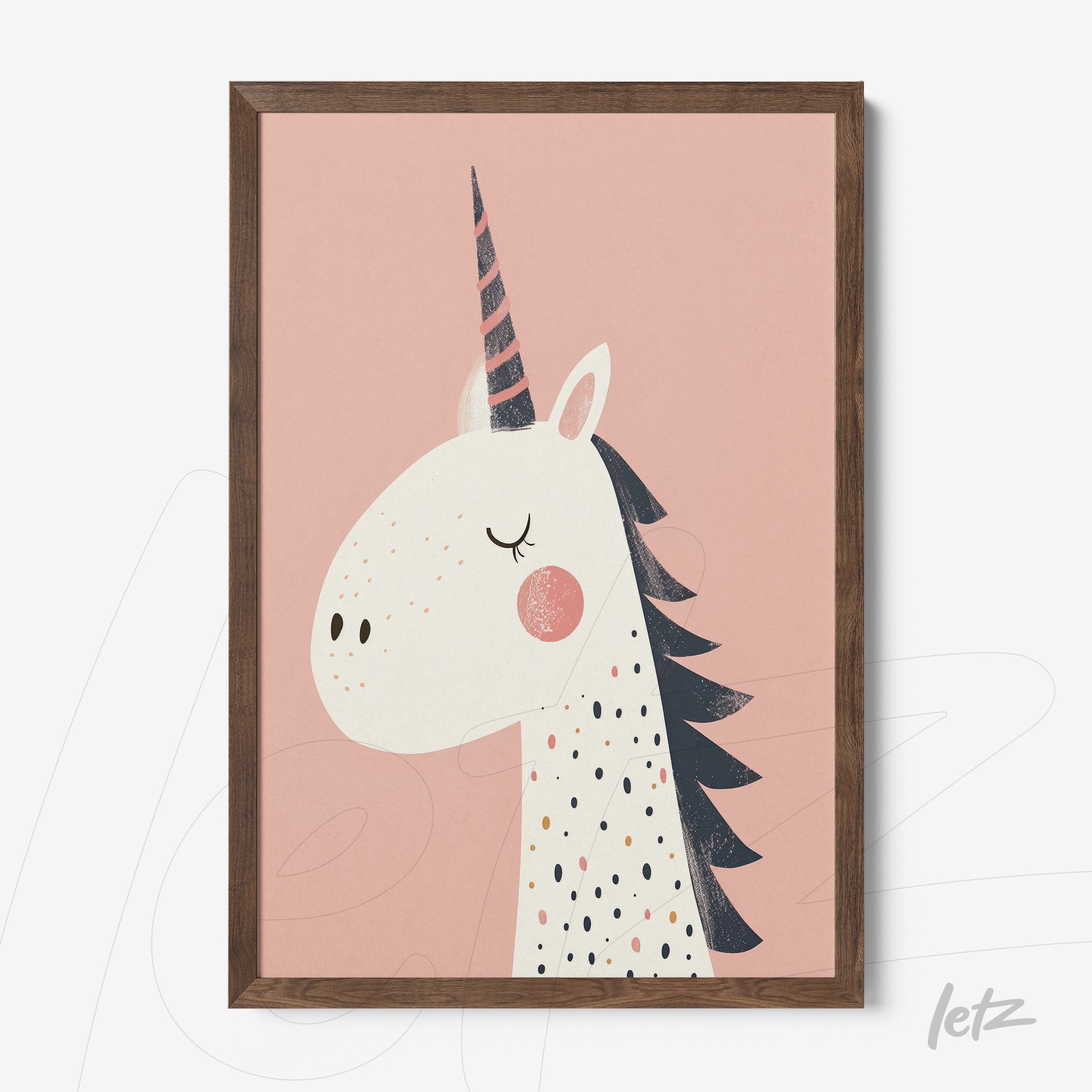 framed art of a unicorn in a pink background with dark wood frame