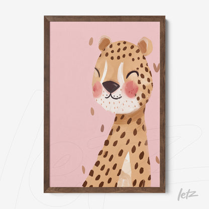 framed wall art featuring a smiling leopard illustration on pink background with dark wooden frame