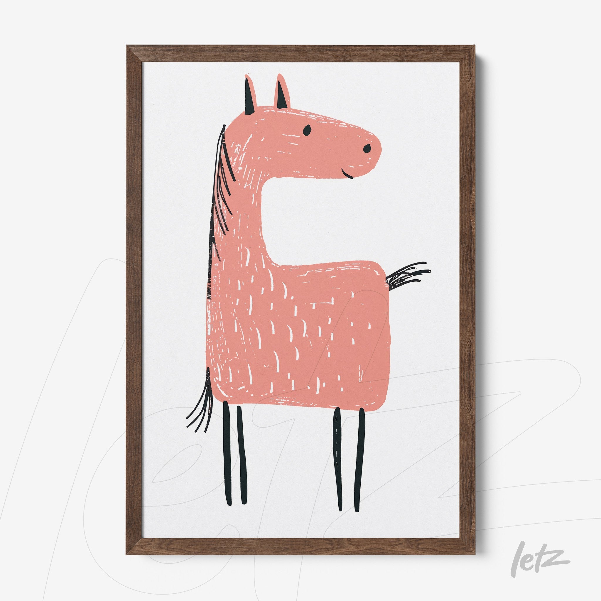 framed artwork featuring a stylized pink horse illustration with dark wood frame