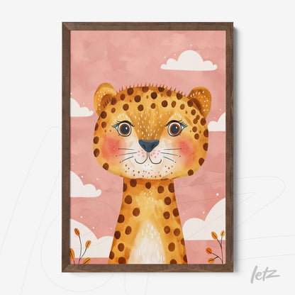 framed artwork featuring a colorful stylized leopard on a pink background with white clouds and plants
