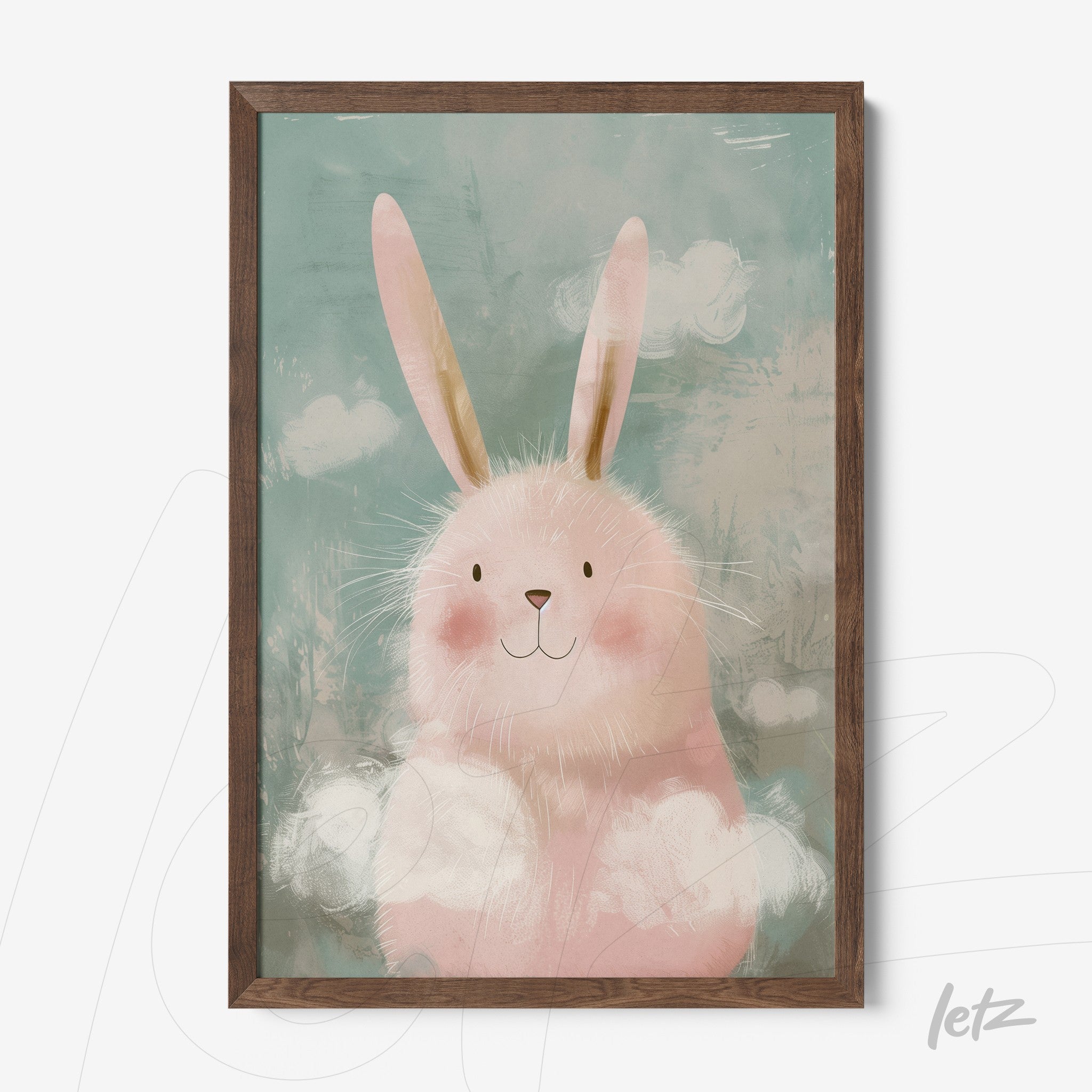 framed artwork of a pink rabbit with long ears and smiling eyes on a light blue background with a dark wood frame