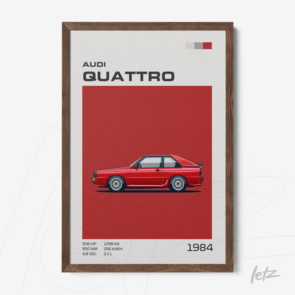 framed graphic art of the 1984 Audi Quattro in red background with dark wooden frame