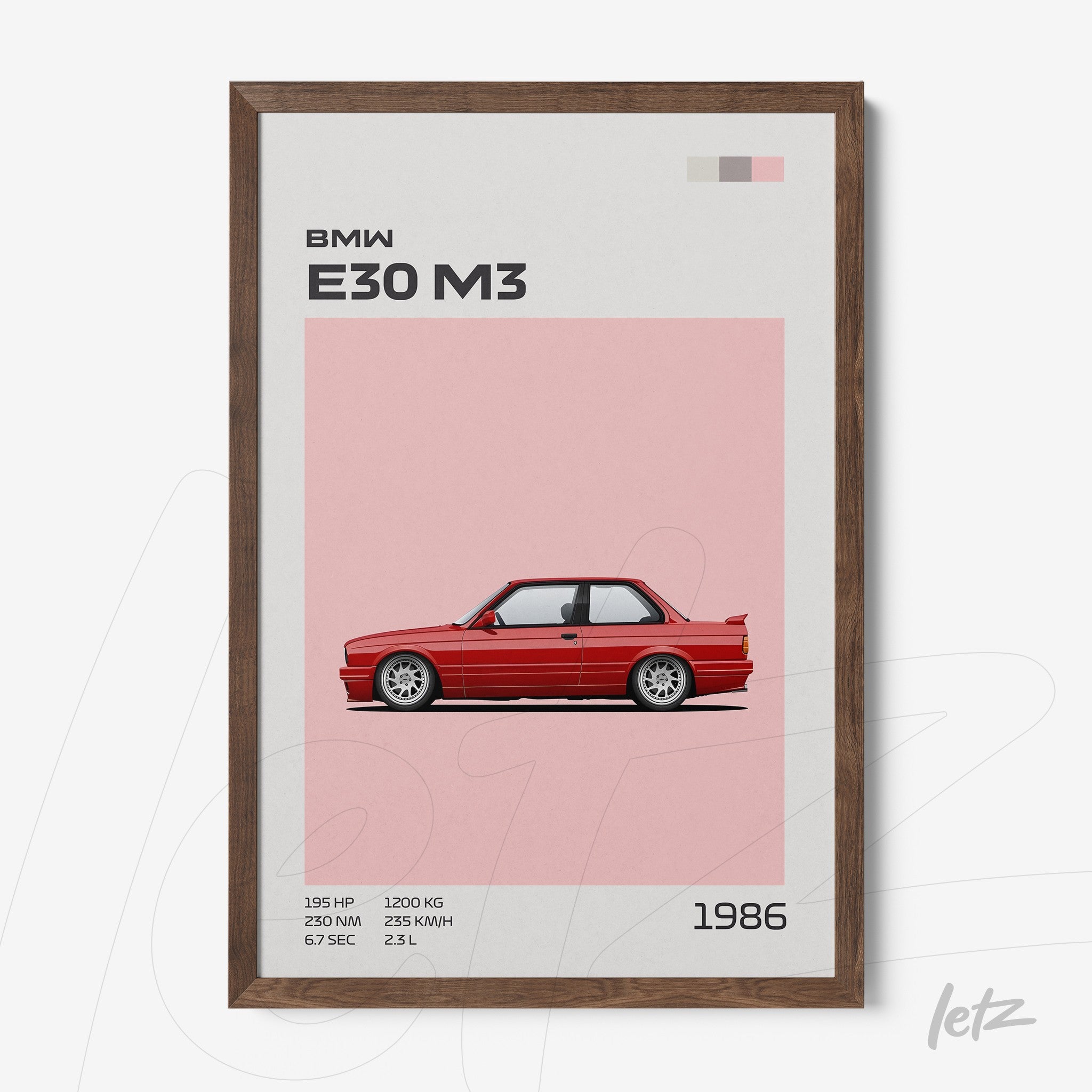 framed art print featuring a stylized illustration of BMW E30 M3 on a pink background with dark wooden frame