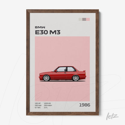 framed art print featuring a stylized illustration of BMW E30 M3 on a pink background with dark wooden frame