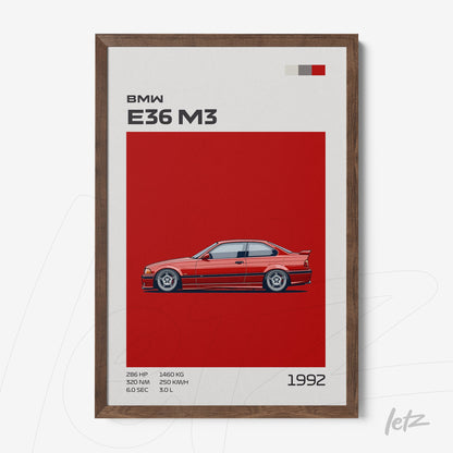 decorative wall art featuring a stylized illustration of the BMW E36 M3 on a red background with a dark wood frame