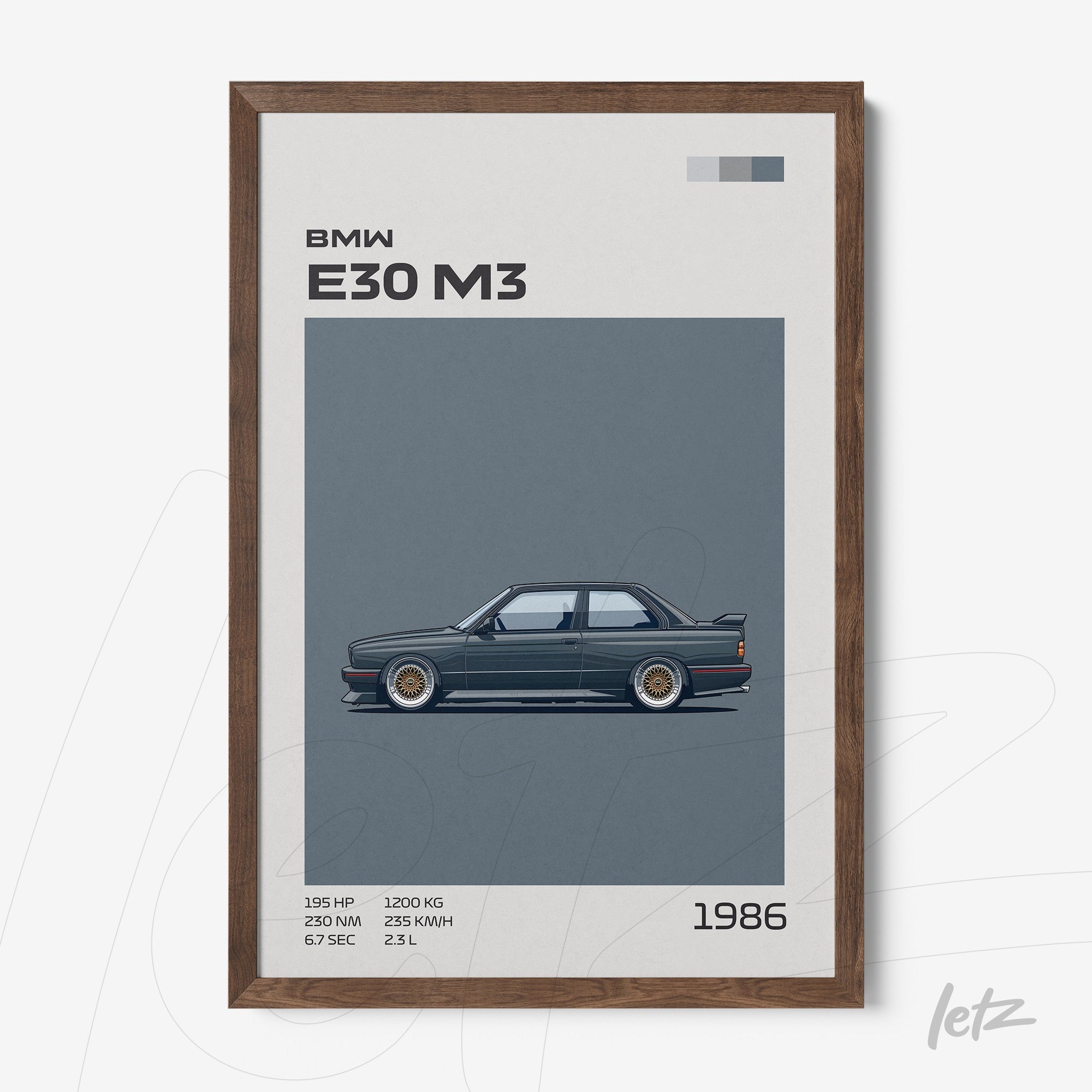 framed illustration of the BMW E30 M3 in dark wood frame