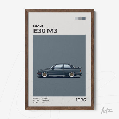 framed illustration of the BMW E30 M3 in dark wood frame