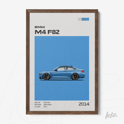 minimalist framed art of the BMW M4 F82 on blue background showcasing technical specifications with light wood frame