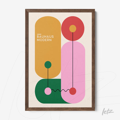 modern art print featuring colorful geometric shapes in dark wood frame
