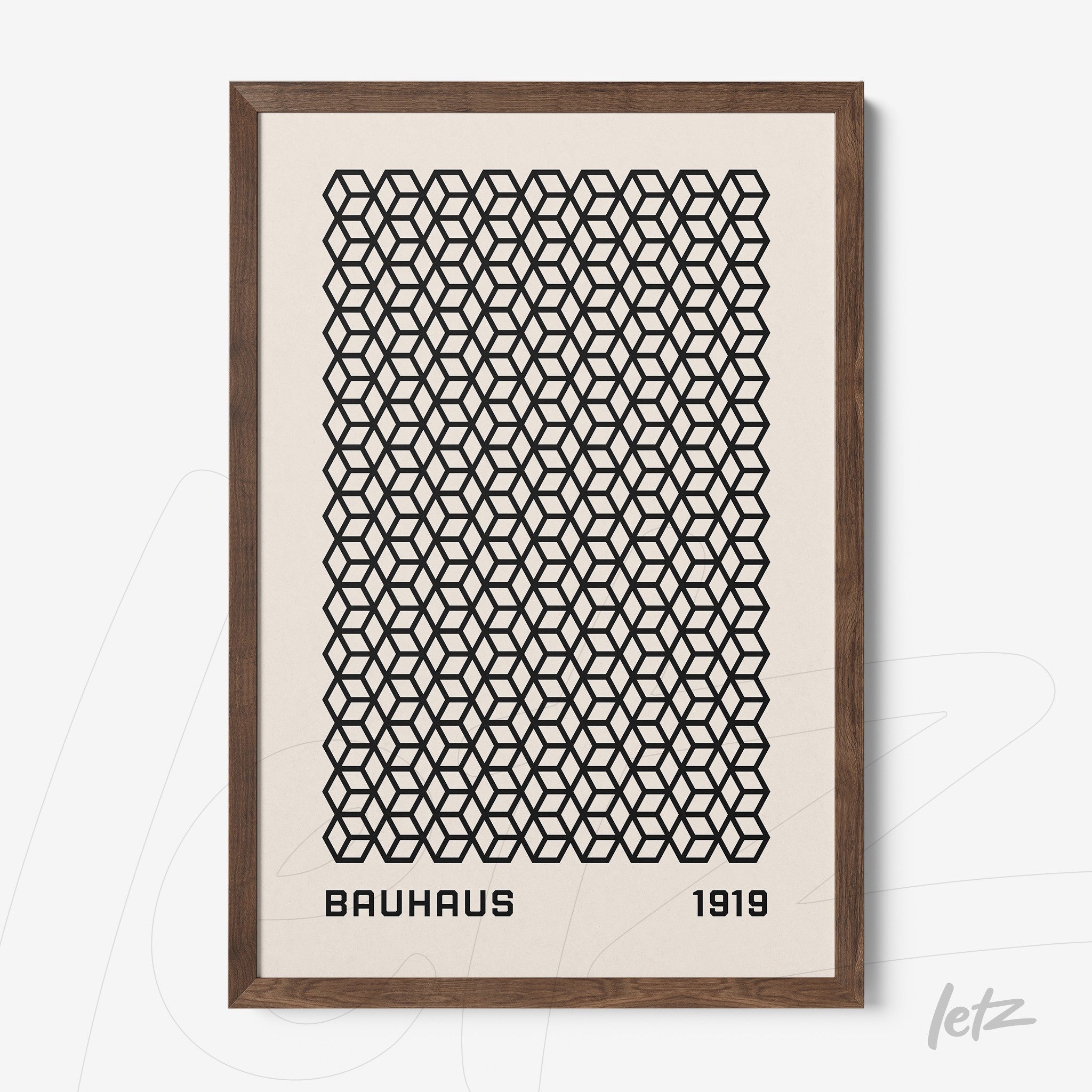 poster print featuring 3D geometric pattern in black on a white background, with a dark wooden frame