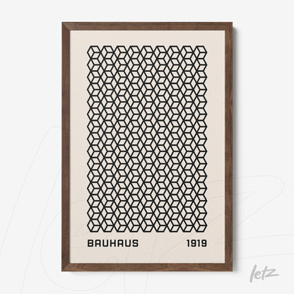 poster print featuring 3D geometric pattern in black on a white background, with a dark wooden frame
