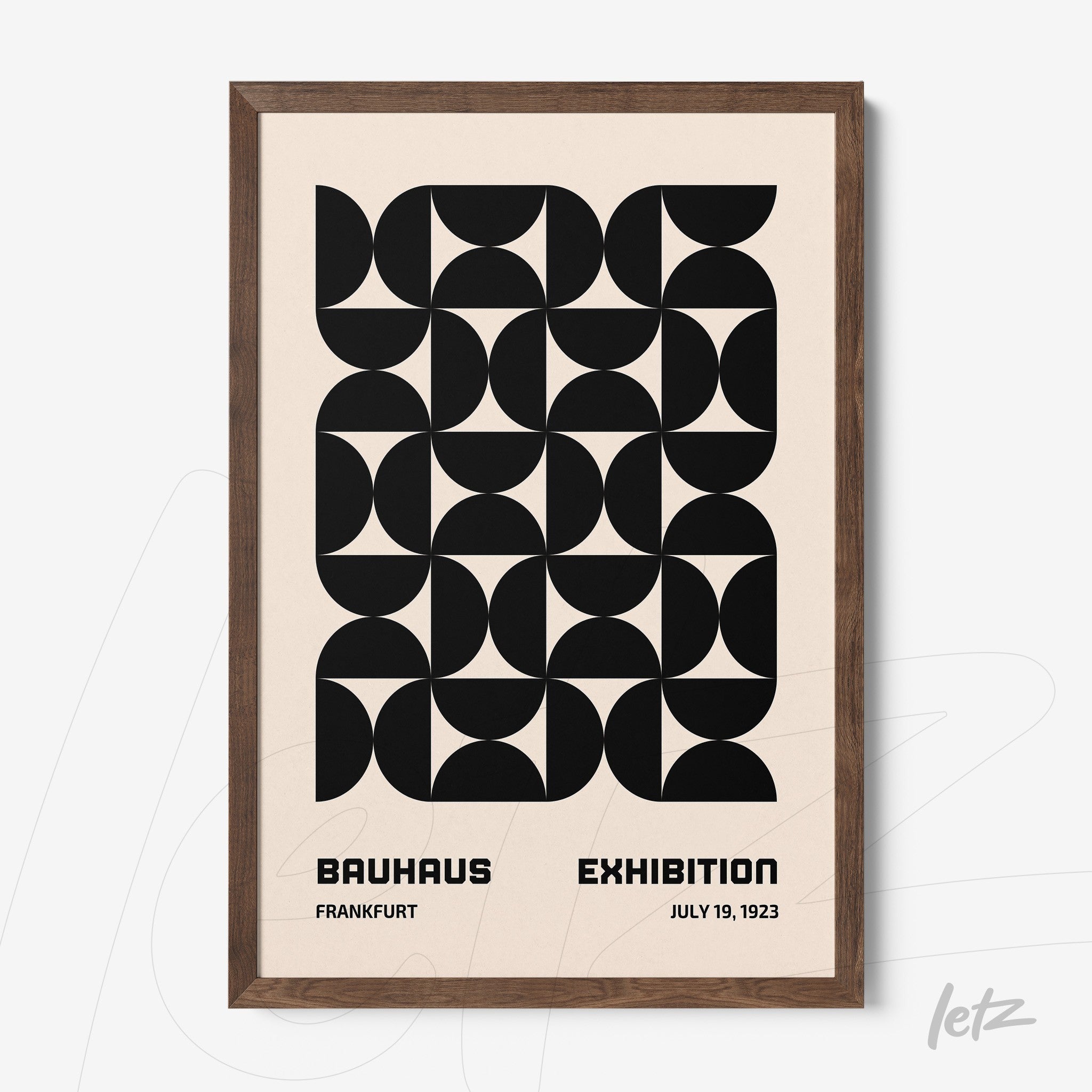 minimalist poster with geometric black design and light wood frame