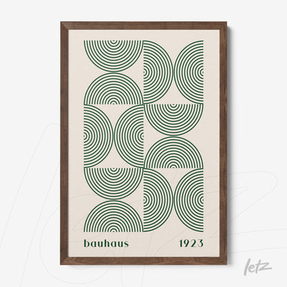 poster with geometric bauhaus design framed in dark wood